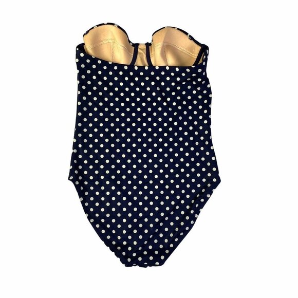 J Crew Navy Blue White Polka Dot Retro Vintage Style Strapless 1 Piece Swimsuit - Picture 2 of 4